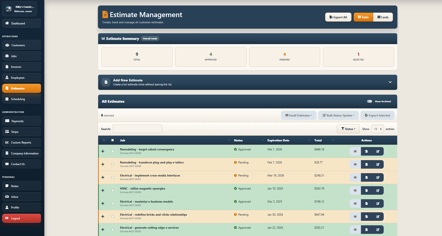 YWL for Contractors estimate interface