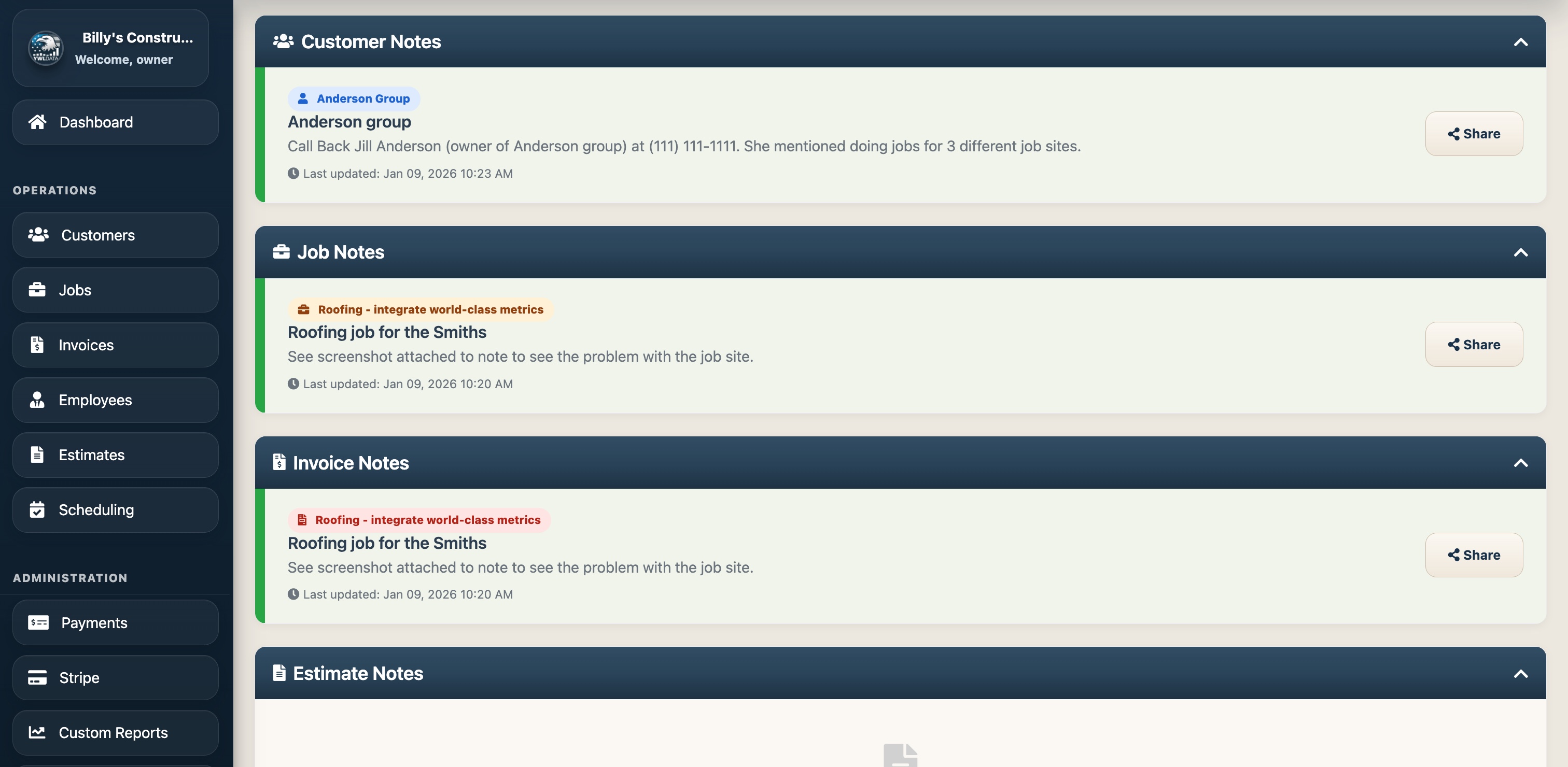 YWL for Contractors notes interface